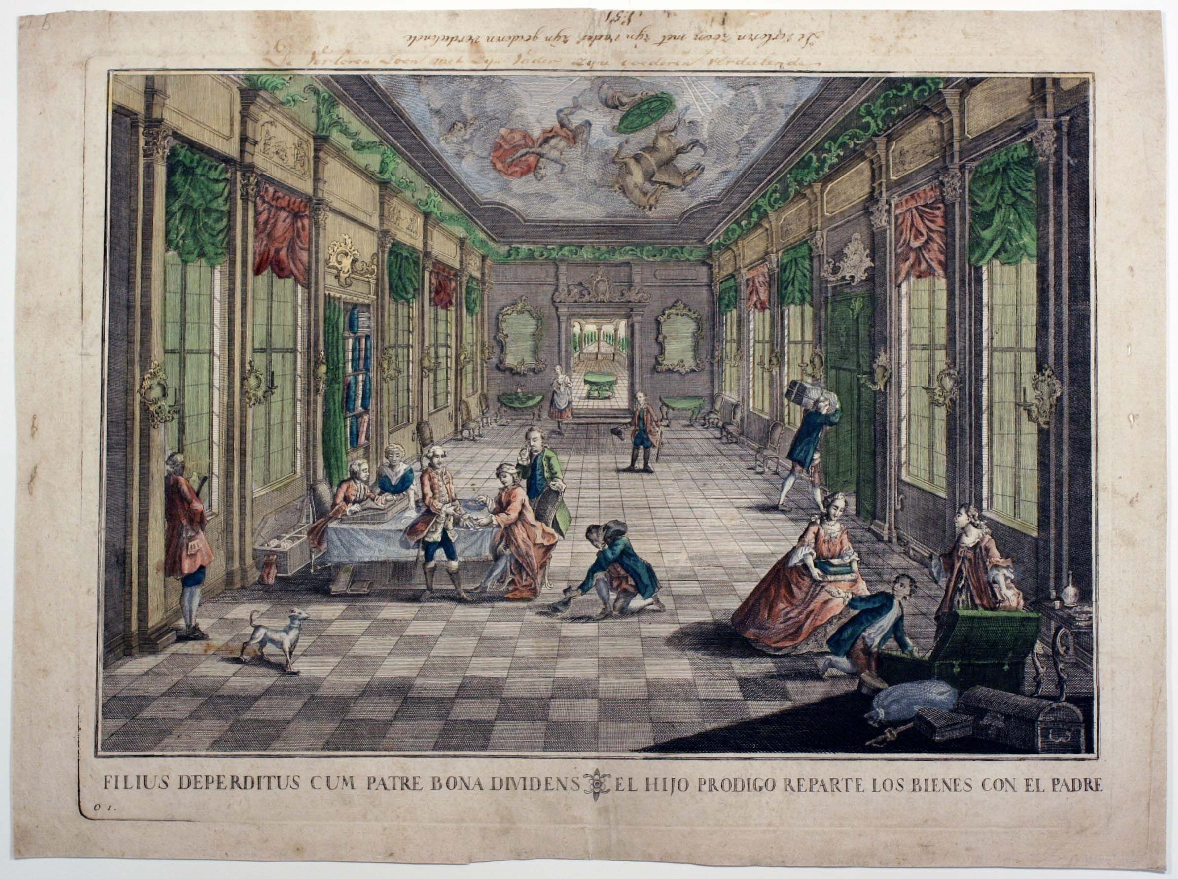The image portrays a lavish, ornate room with high ceilings and large windows, where elegantly dressed figures engage in various activities; at the center, a young man is seated with others around a table, likely depicting the moment in the biblical story of the Prodigal Son when he asks his father for his share of the inheritance; other individuals are scattered throughout the room, interacting with objects and each other, conveying a scene of wealth and opulence, including a small dog and intricately detailed furnishings.
