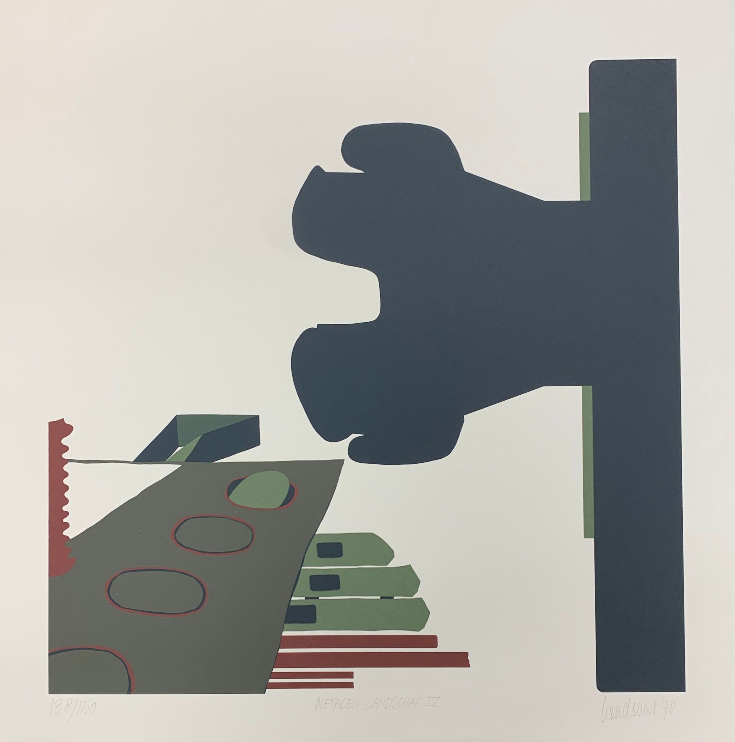 The image features an abstract composition with bold geometric shapes, primarily in dark green and red, forming an intriguing arrangement on a white background. The left side displays layered, overlapping elements with circular outlines, while the right side showcases a large, dark blue silhouette that resembles a figure or object.