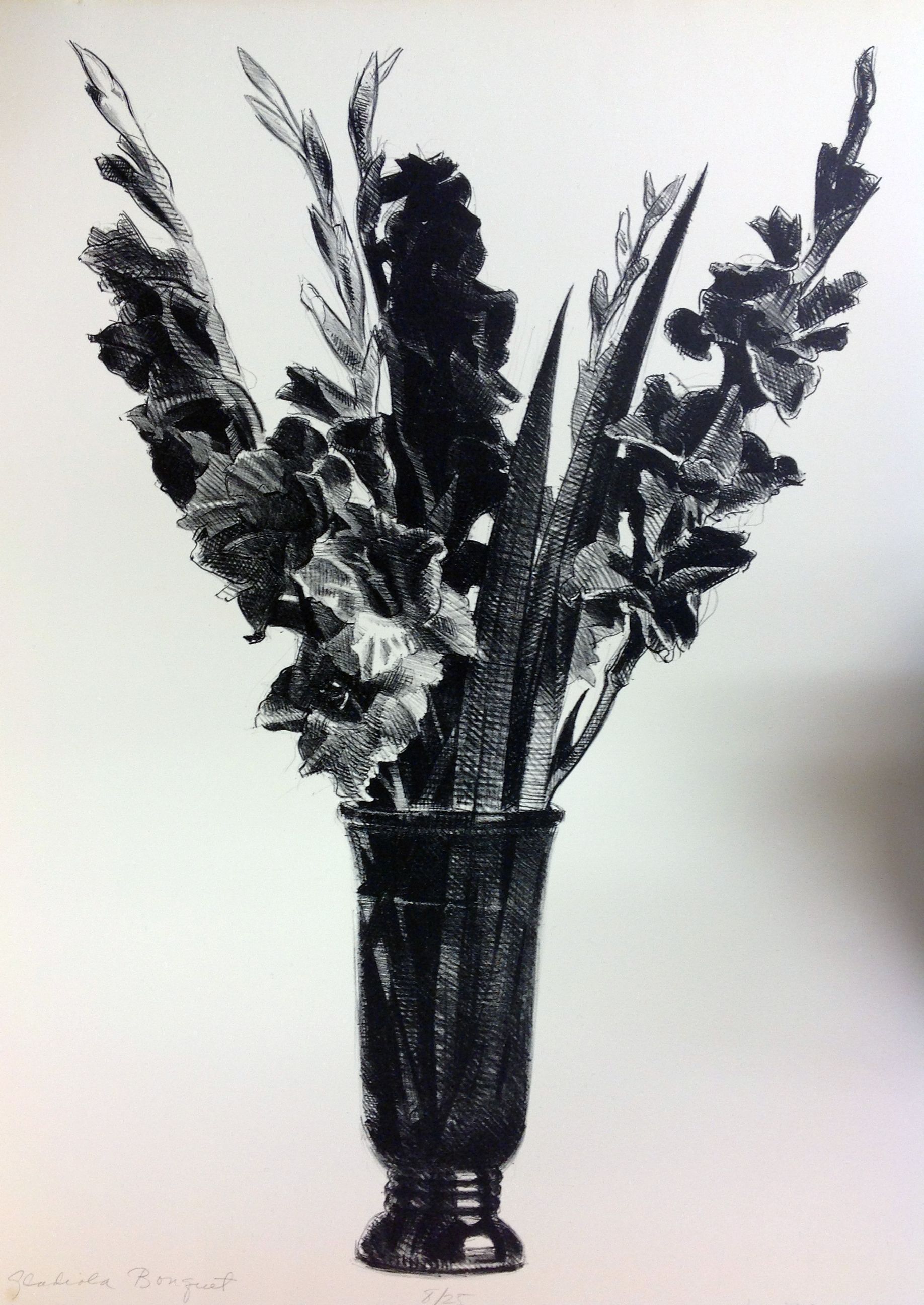 The image shows a detailed black and white sketch of a floral arrangement in a tall vase, featuring intricately shaded gladiolus flowers with elongated, sharp leaves, creating a striking contrast against the plain background, highlighting the elegance and form of the blossoms and the craftsmanship of the artist.
