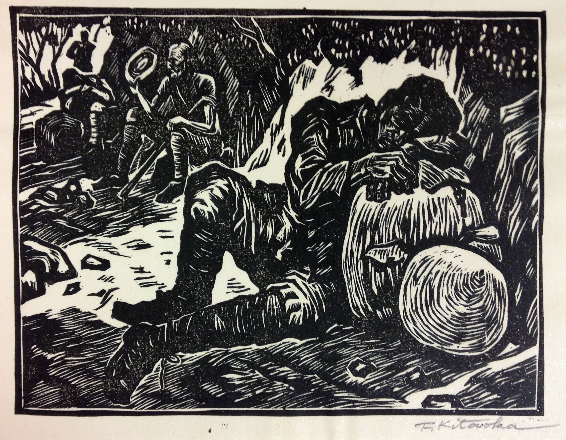 The black and white woodcut image depicts an outdoor scene with three figures, conveying a mood of rest or contemplation. In the foreground, a person is lying down, embracing a large sack, possibly asleep or resting. Another figure sits nearby, holding a hat and appearing thoughtful, while a third individual stands in the distance.