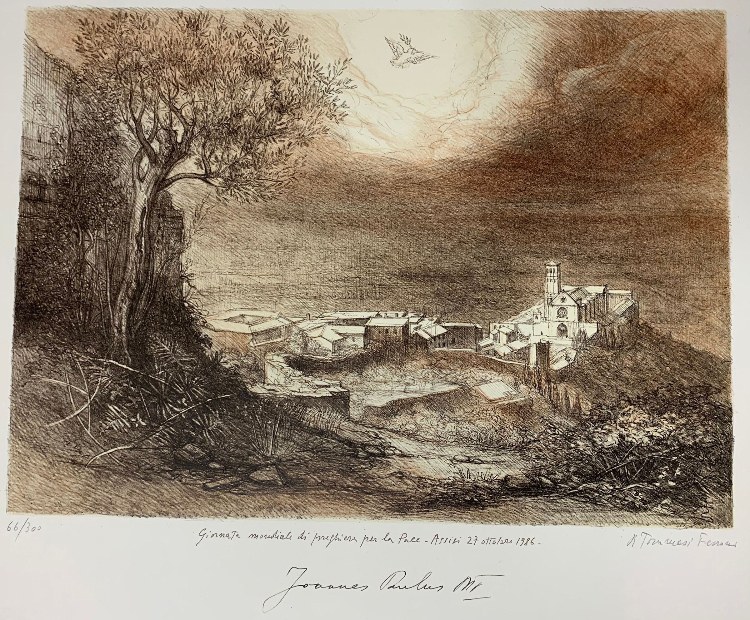 The image depicts a serene landscape with a lone tree in the foreground and a quaint village nestled under a dramatic sky. A dove flies above, enhancing the tranquil atmosphere. The scene conveys a sense of peace and timeless beauty, highlighted by the architectural details of a prominent church in the village.