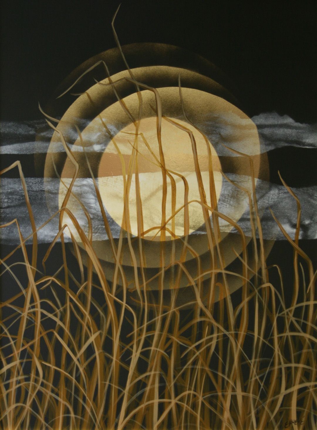 In this captivating image, a large, glowing golden circle, resembling the moon, illuminates the night sky, partially obscured by wispy, dark clouds and encircled by multiple translucent rings, while a dense foreground of tall, slender grass blades creates an intricate, natural pattern against the contrasting dark background.