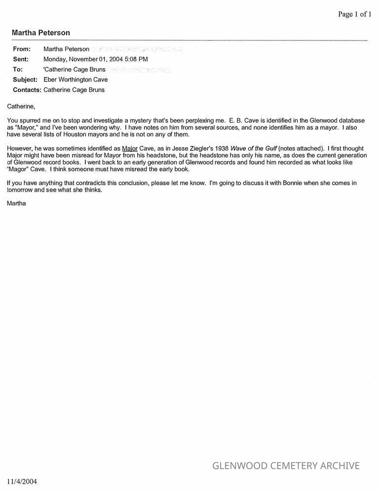 Brochure Correspondence about "Major" Eber Washington Cave and "Letters to Angels."