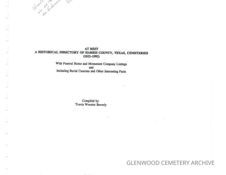 At Rest a Historical Directory of Harris County, Texas, Cemeteries (1822-1992)