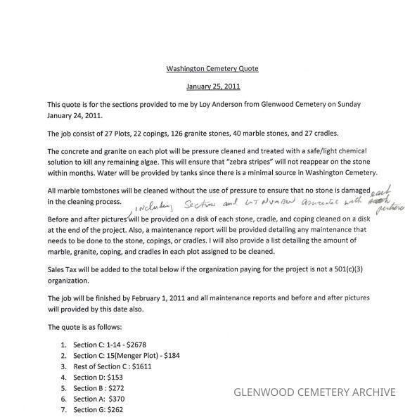 2011 Washington Cemetery Monument Restoration Quote from Glenwood Cemetery Drafts