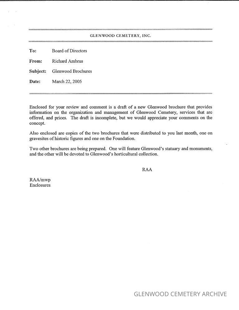 Email from Richard A. Ambrus to the Board of Directors on the Glenwood Cemetery Brochure Drafts