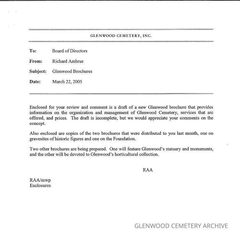 Email from Richard A. Ambrus to the Board of Directors on the Glenwood Cemetery Brochure Drafts