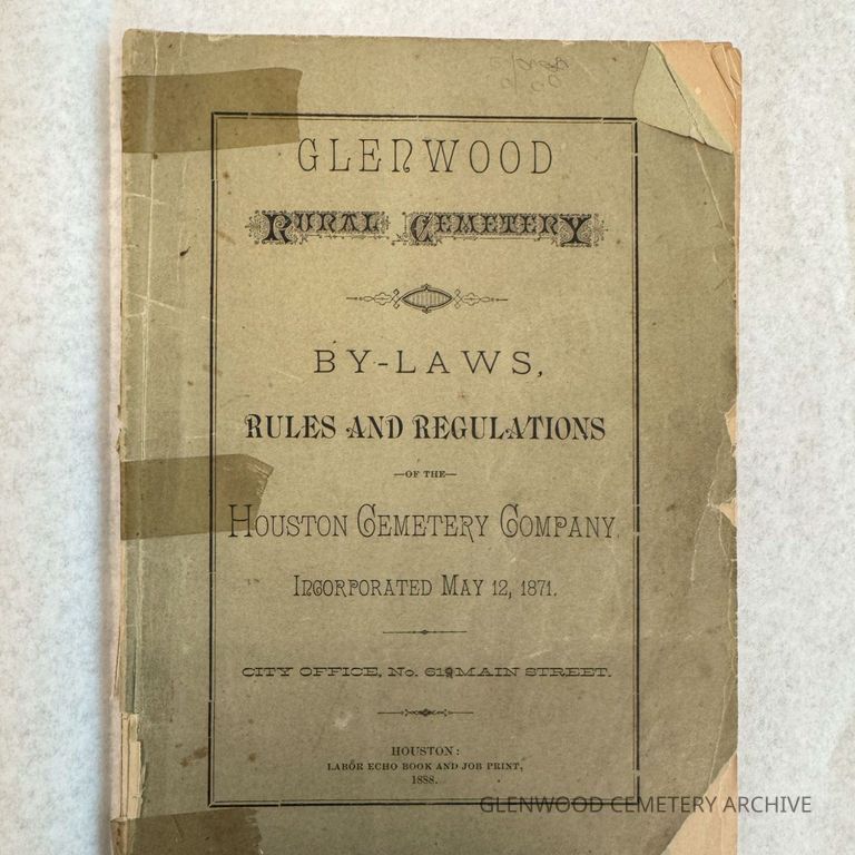 1888 Glenwood Rural Cemetery By-Laws, Rules and Regulations of The Houston Cemetery Company