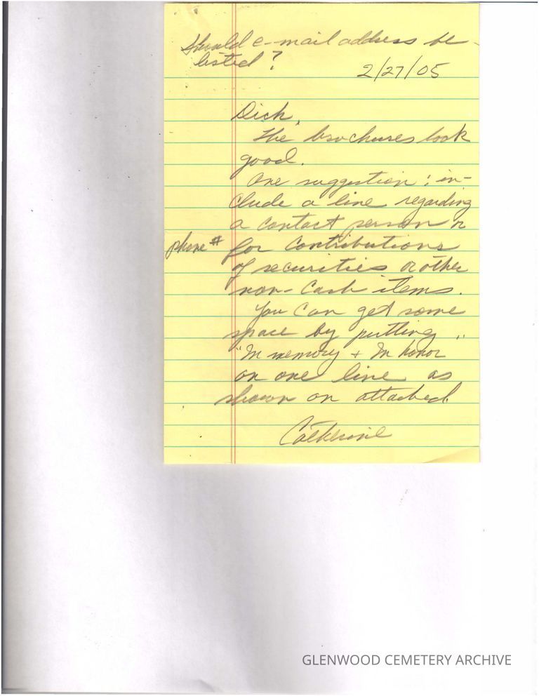 Glenwood Cemetery Brochure Drafts and Correspondence on Donor Form Suggestions