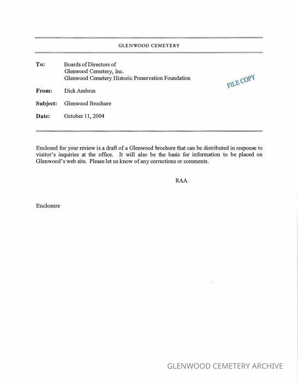 62 Pages of Email Correspondence Regarding the Brochures for Glenwood Cemetery.