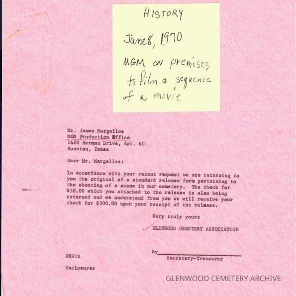 MGM Studios Correspondence and Contract to film Brewster McCloud at Glenwood Cemetery