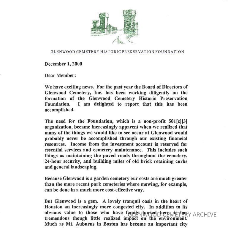 Glenwood Cemetery Historic Preservation Foundation Founding Mail-out letter