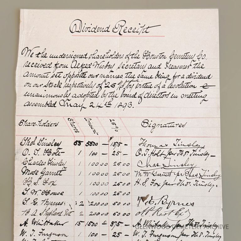 1893 Dividend Receipts from the Meeting of the Board of Directors of the Houston Cemetery Company