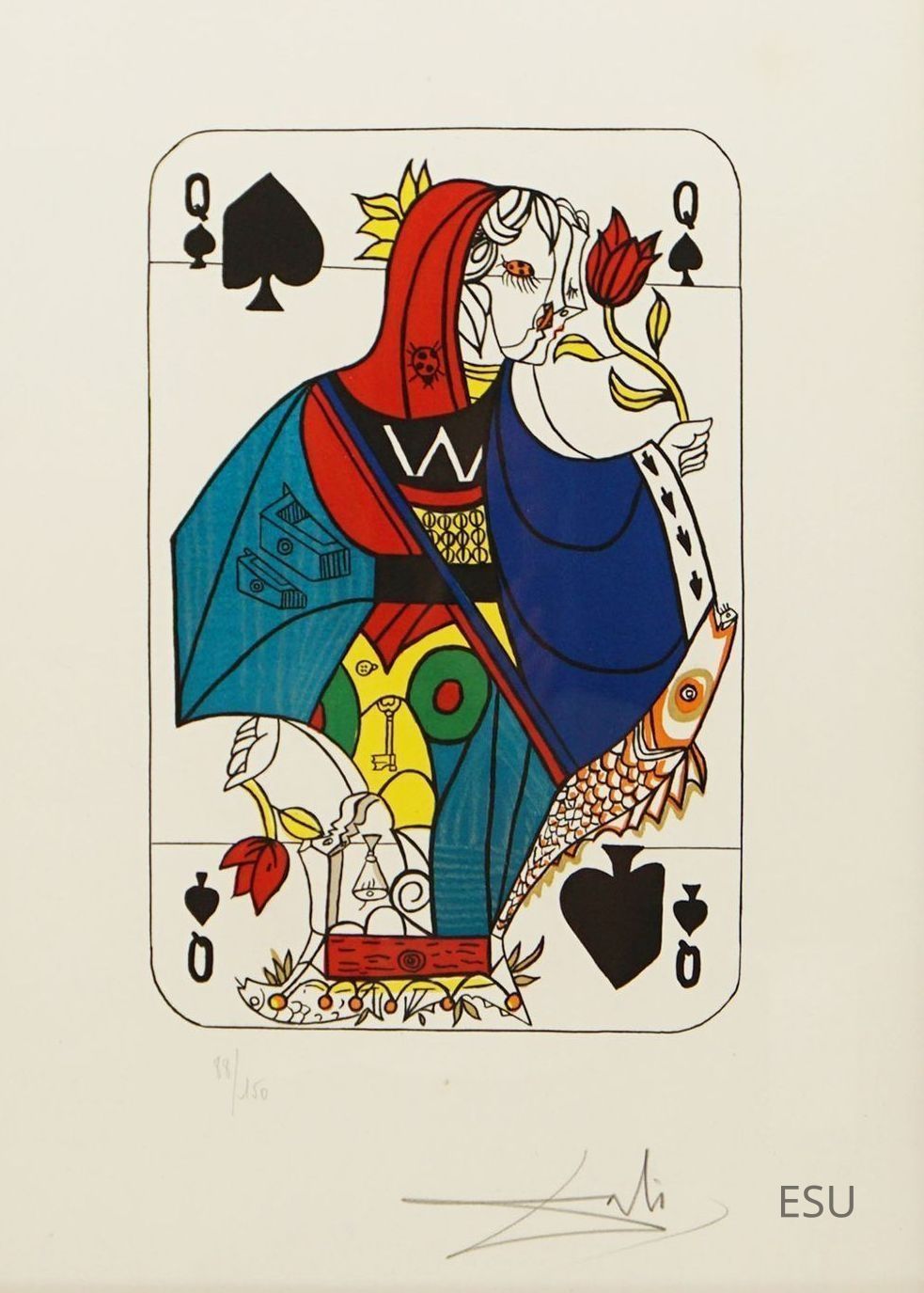 "Queen of Spades" by Salvador Dali (1971): The image features a surrealist interpretation of the Queen of Spades playing card, illustrated with vibrant colors and geometric shapes; the queen is adorned in a mix of red, blue, and yellow attire, with intricate patterns, holding a rose in her right hand, while a fish motif extends from her lower garment.