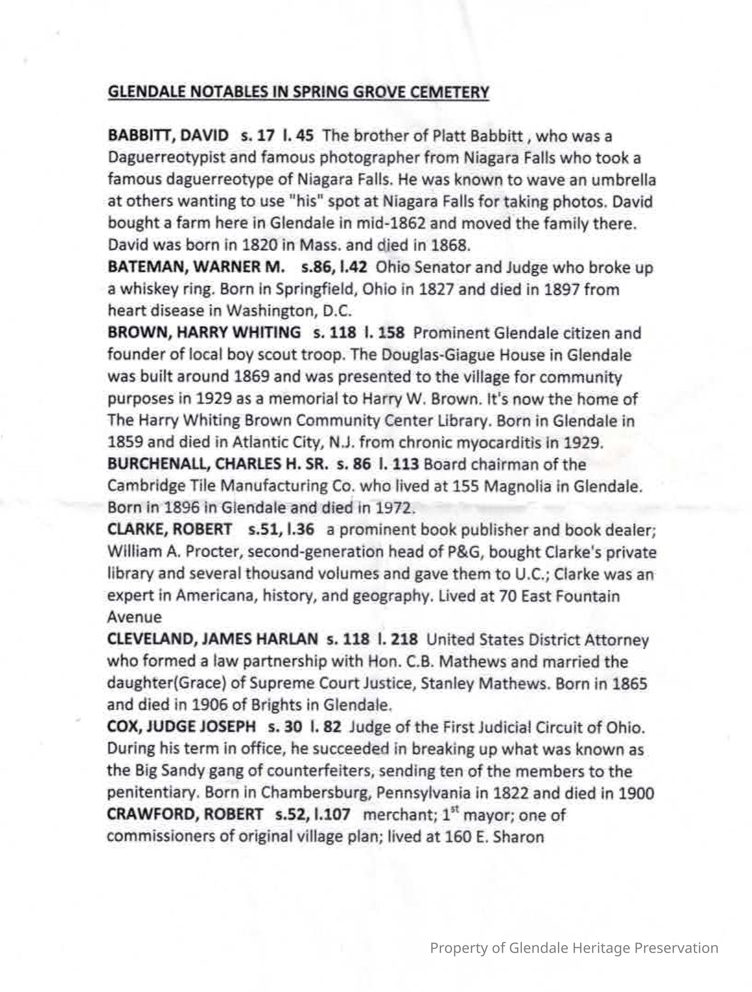 Glendale Notables in Spring Grove Cemetery