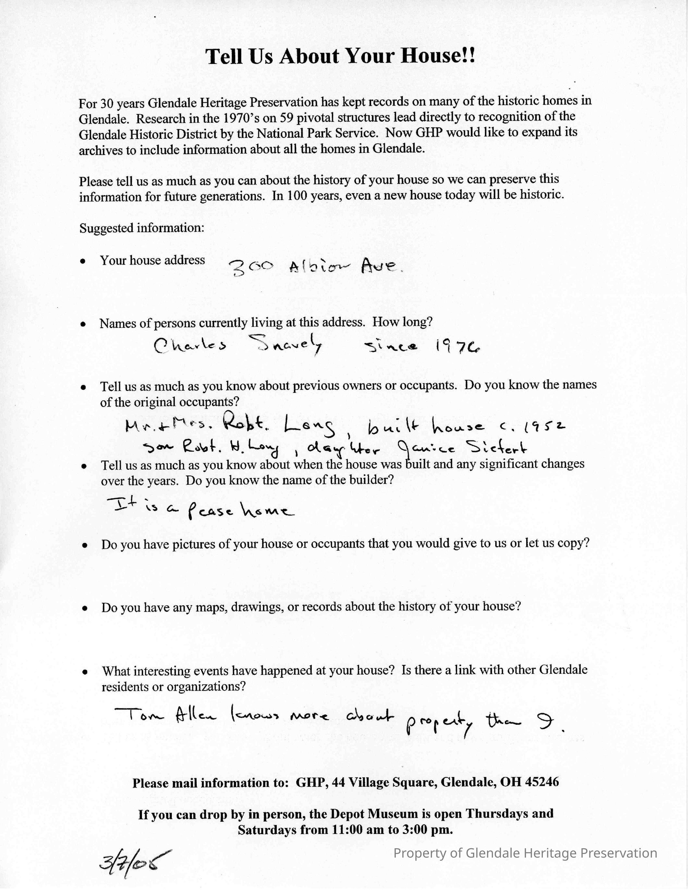 300 Albion Ave 2005 Owners House Survey