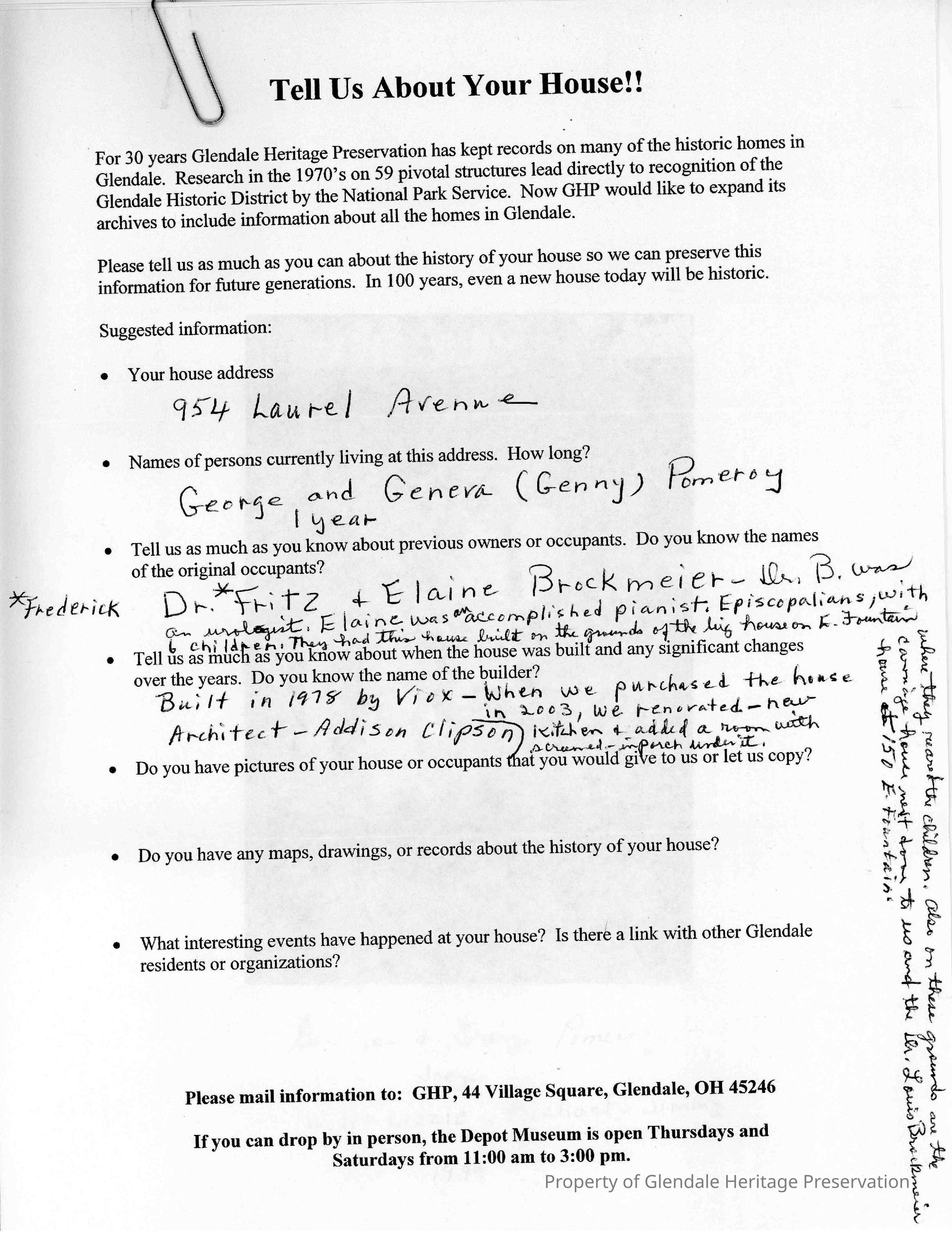 954 Laurel Avenue 2005 House Owners Surv