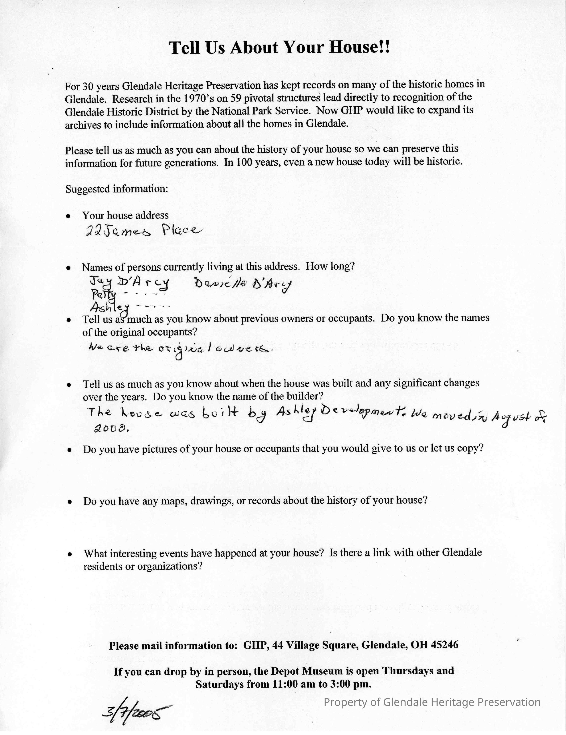 22 James Place 2005 Home Owners Survey