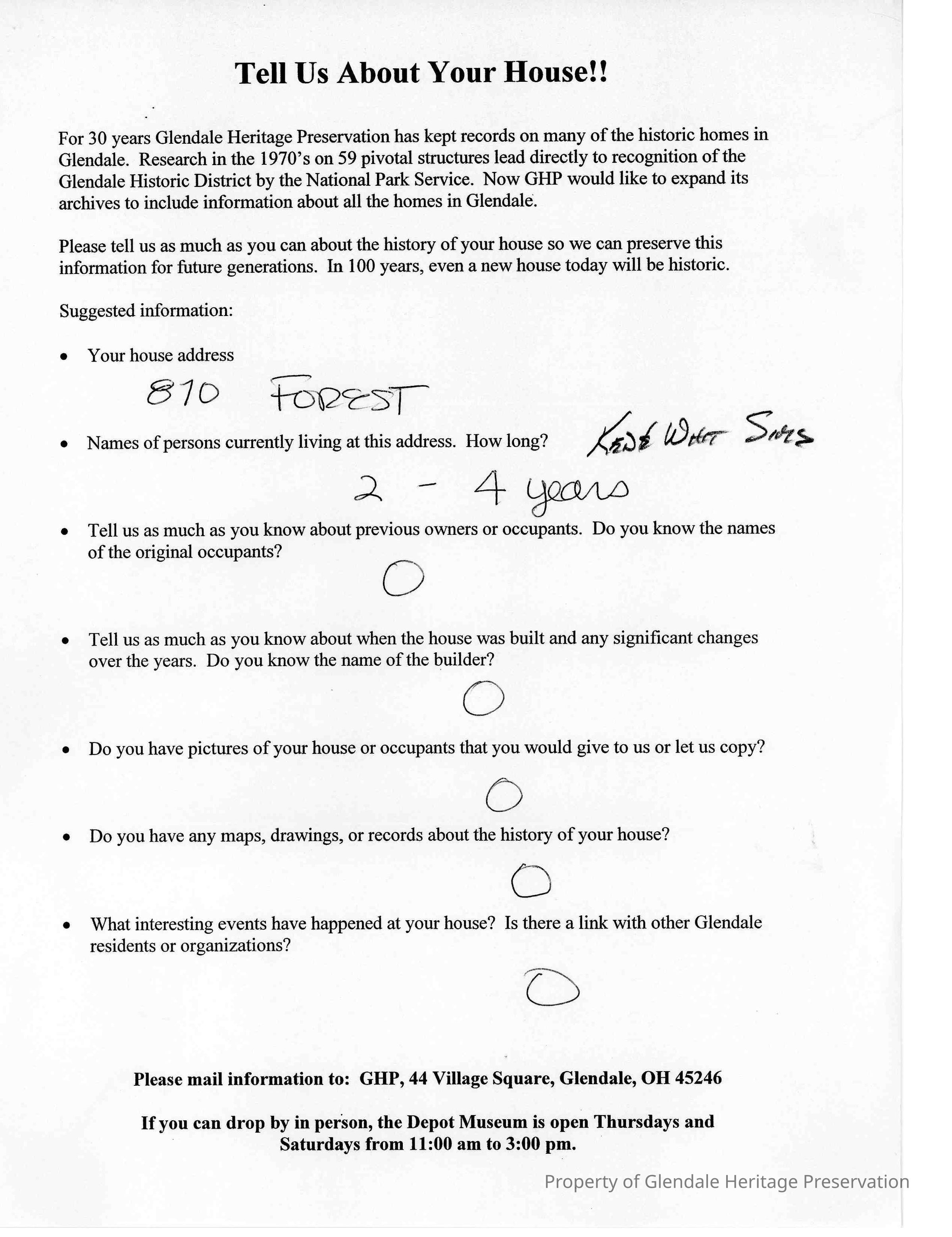 870 Forest Avenue 2005 Home Owners Survey