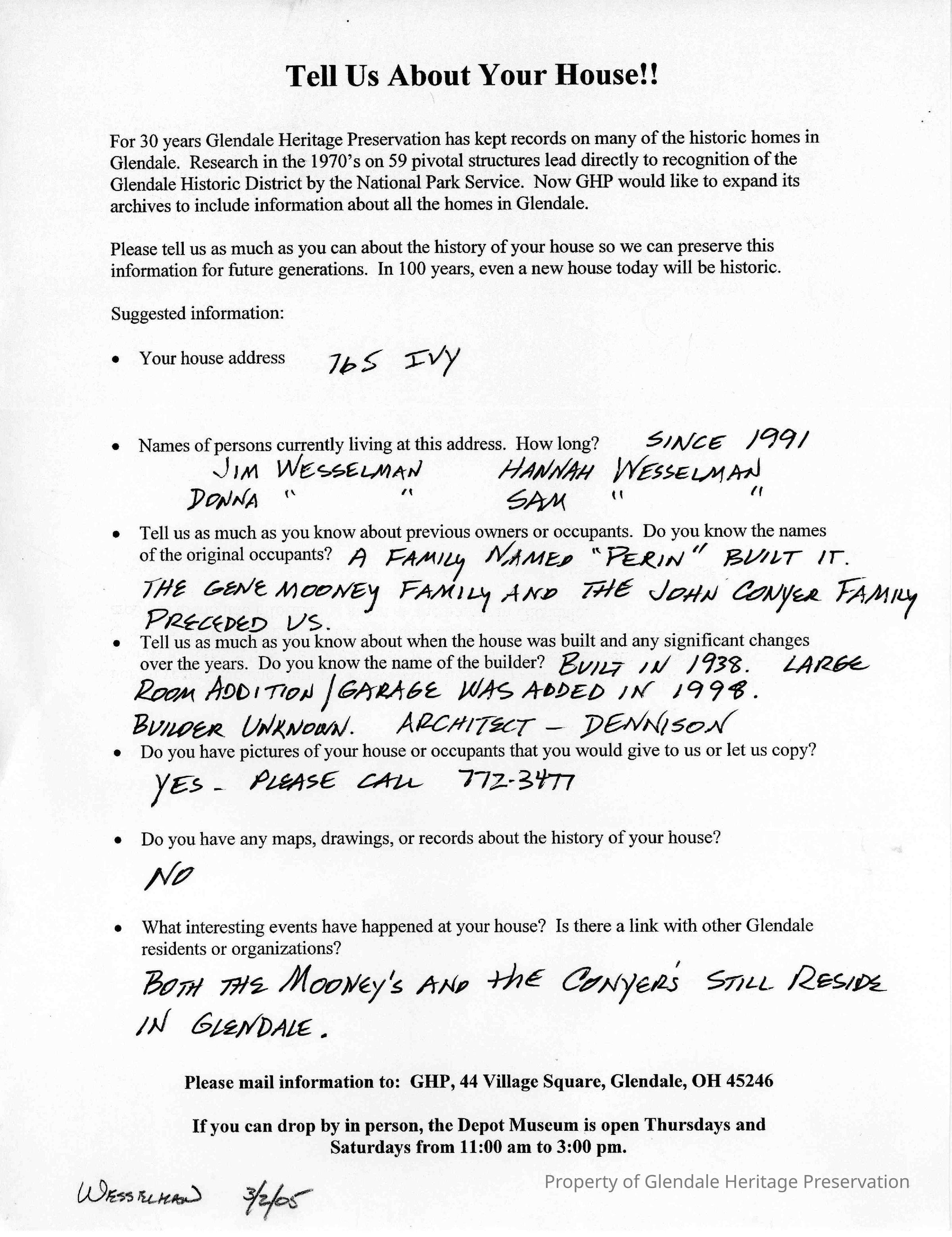 765 Ivy Avenue 2005 House Owners Survey