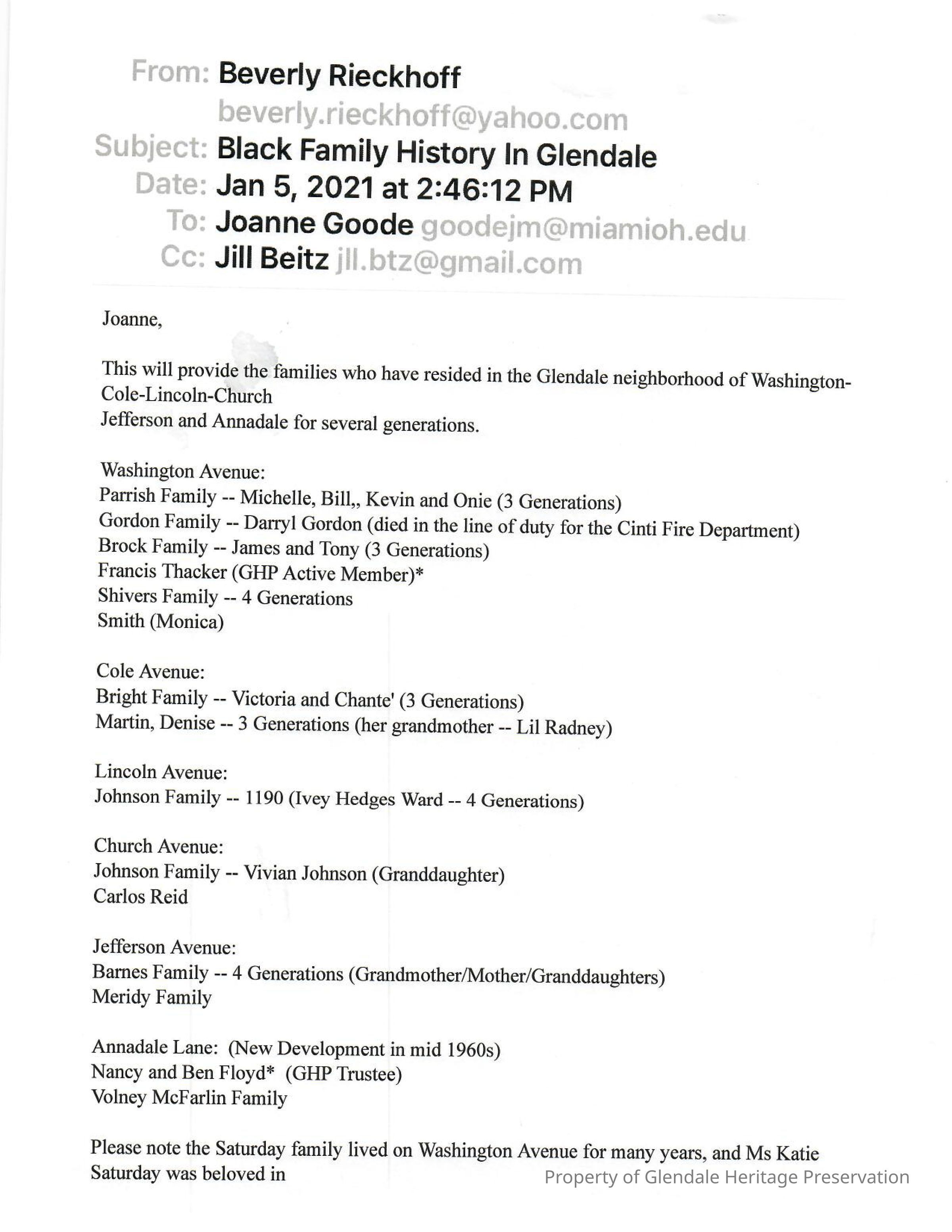 Partial Listing of Black Families in Glendale