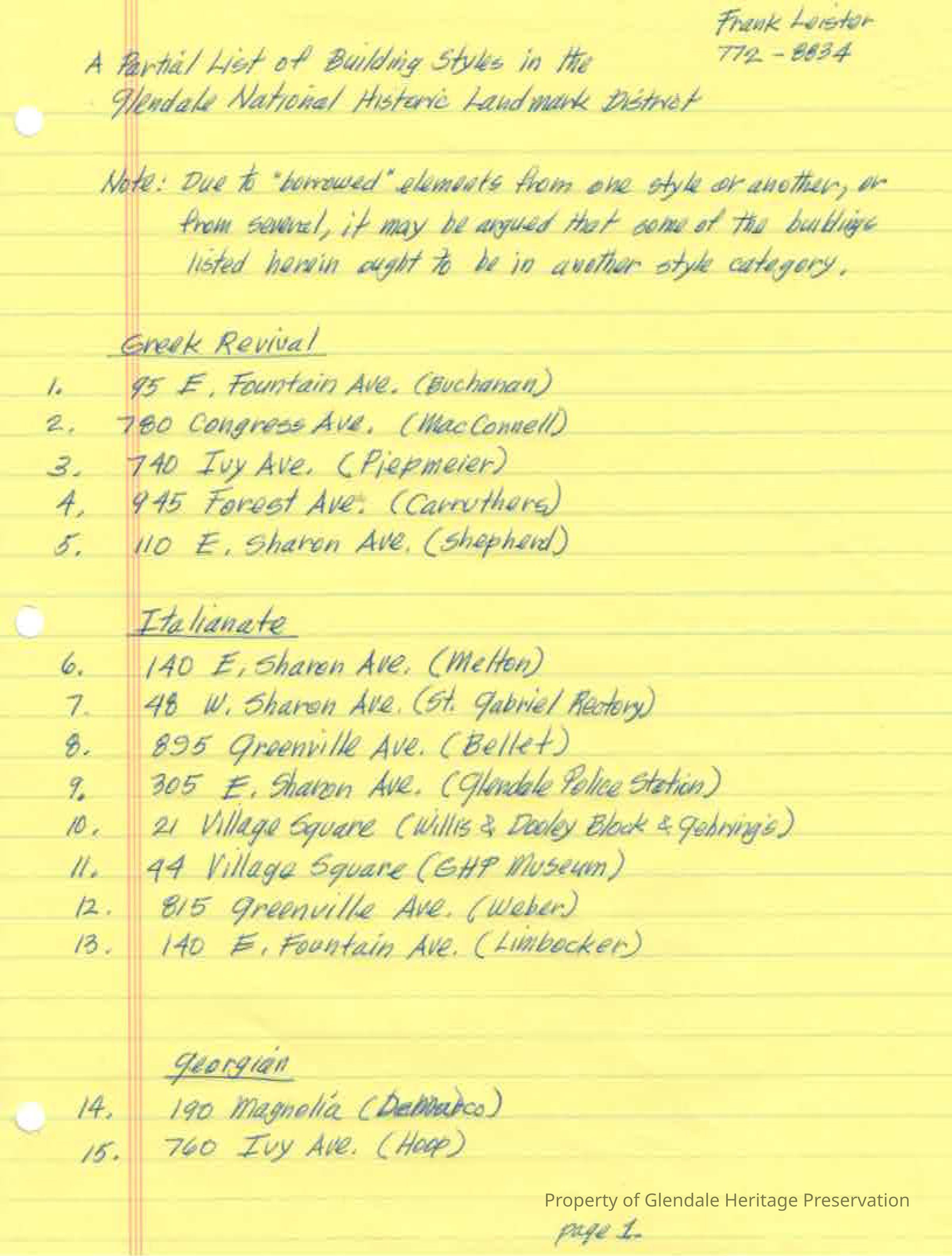 "Partial List of Building Styles in the Glendale Historic La