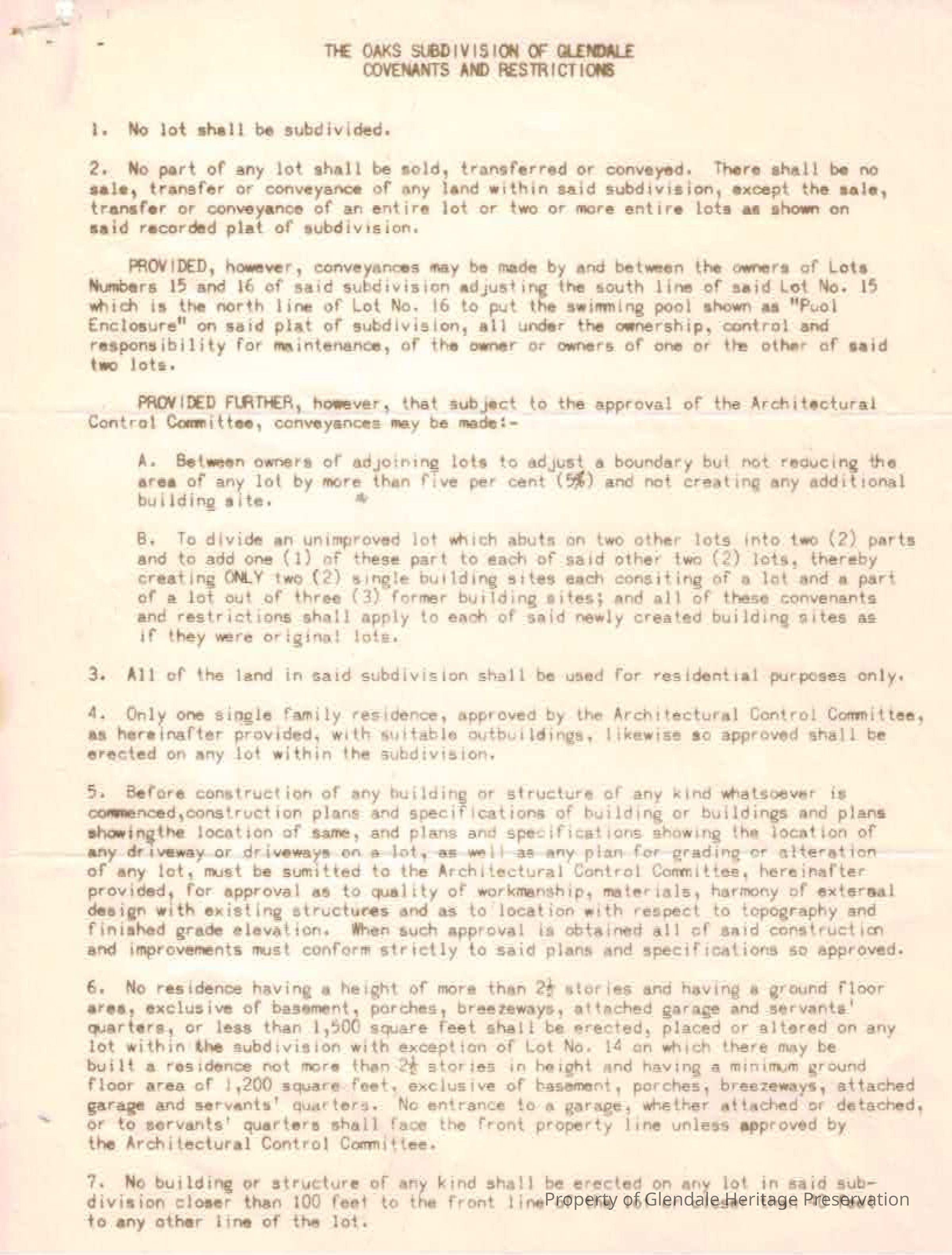 The Oaks Subdivision of Glendale Covenants and Restrictions