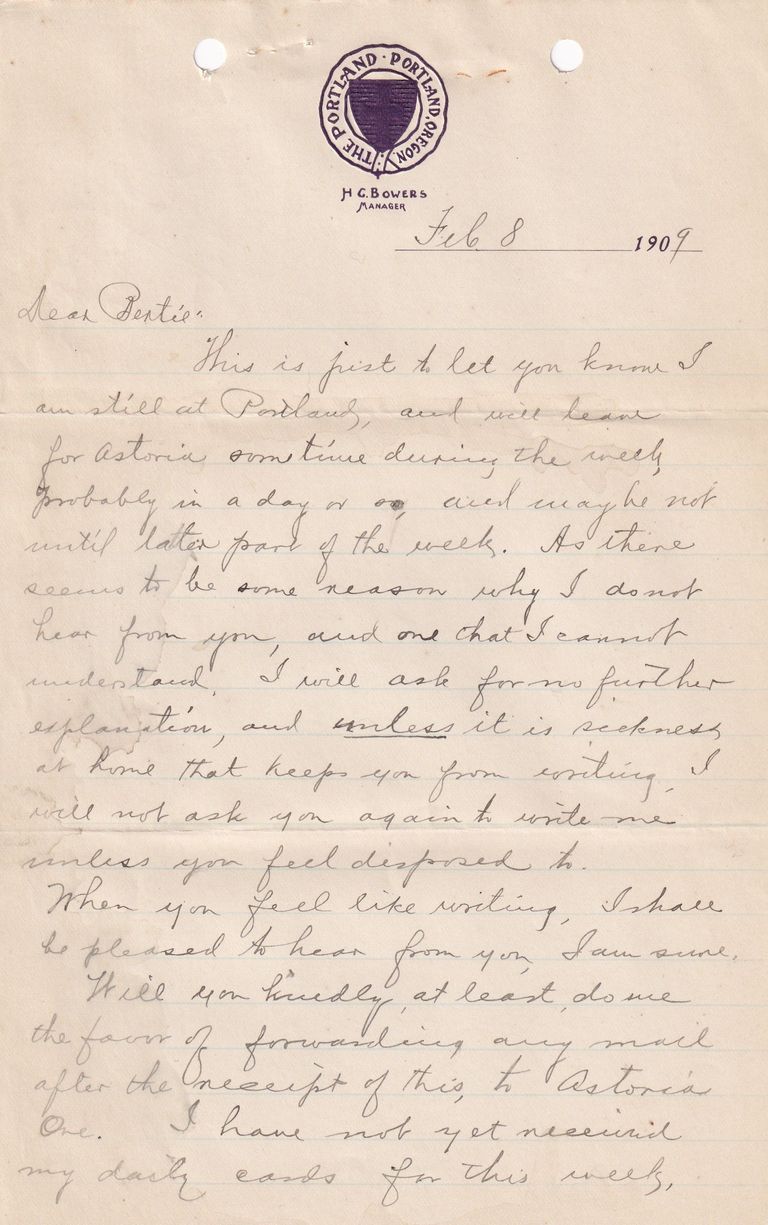 1909.2.8 Letter from Portland Announcing Travel to Astoria and Withdrawing Request for Correspondence