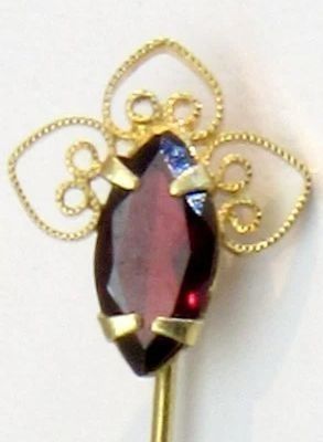 Faceted Red Glass Hat Pin with Filigree Mount and Safety Protector