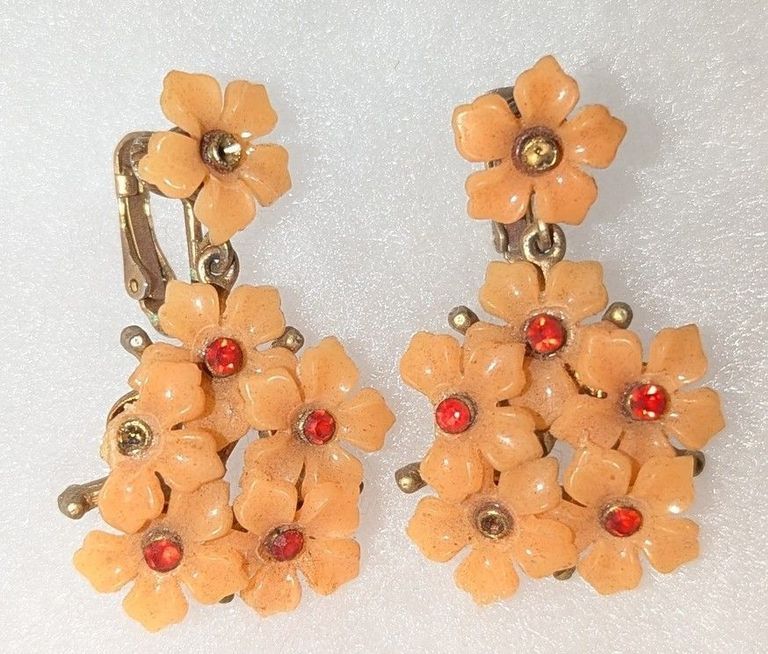 Mid-Century Floral Cluster Drop Earrings with Enamel Petals and Rhinestone Centers
