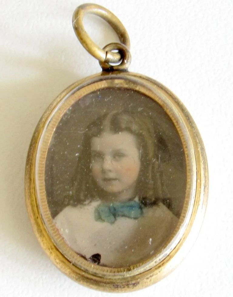 Victorian Child Portrait Locket Pendant with Blue Enamel Greek Key Border