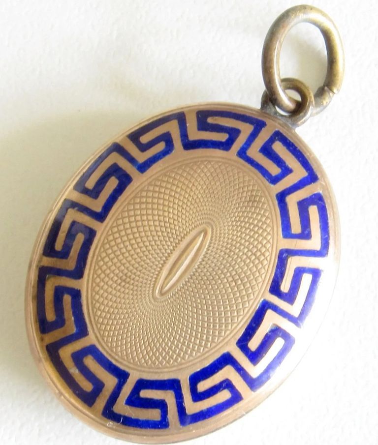 Victorian Child Portrait Locket Pendant with Blue Enamel Greek Key Border - Image 2
