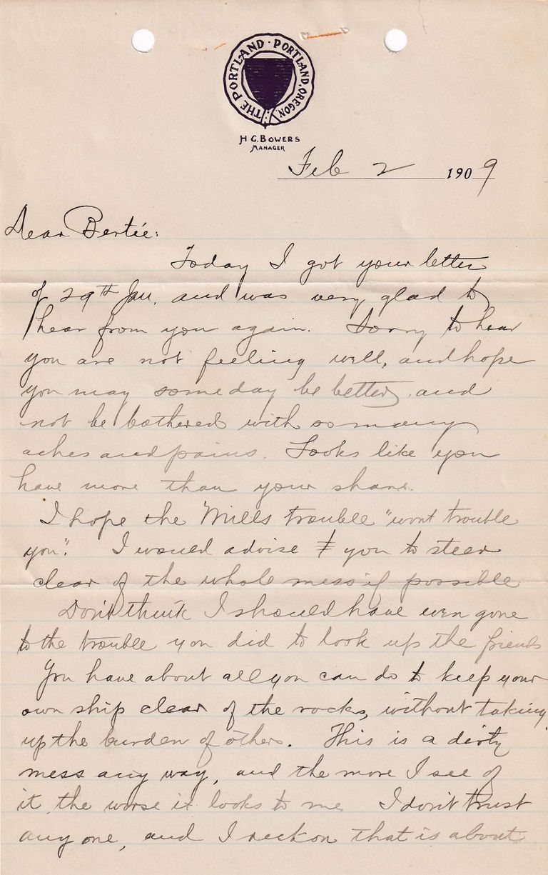 1909.2.2 Letter from Portland, Oregon – Financial Anxiety, Distrust & Personal Reflectio