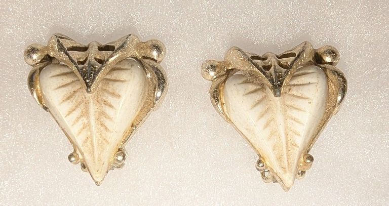 Mid-Century Molded Ivory-Tone Leaf Earrings with Gold-Tone Mounts