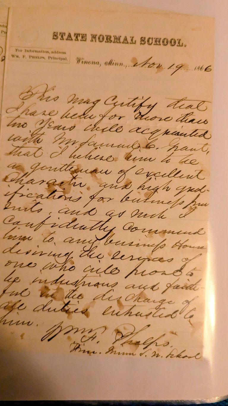 Letter of Recommendation from Wm. F. Phelps, State Normal School, Winona, Minnesota – November 19, 1866