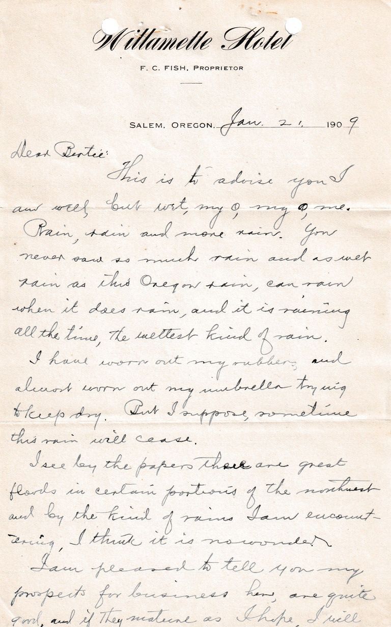 1909.1.21 Letter from the Willamette Hotel, Salem, Oregon – Travel & Business Correspondence