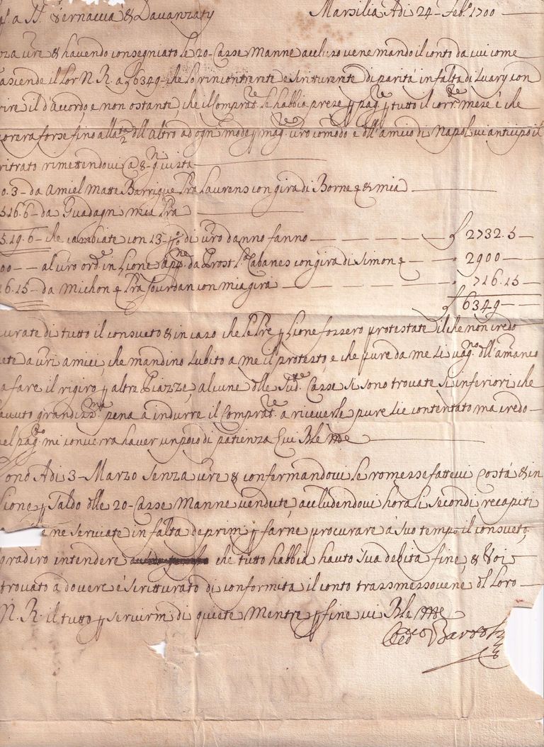 Italian Mercantile Letter Concerning Financial Accounts — Marseille, 1700