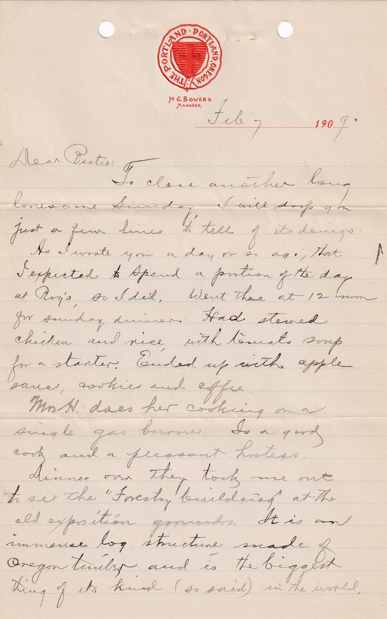 1909.2.7 Letter from Portland, Oregon – Sunday Visit, Exposition Grounds, and Concern Over Lack of Letters