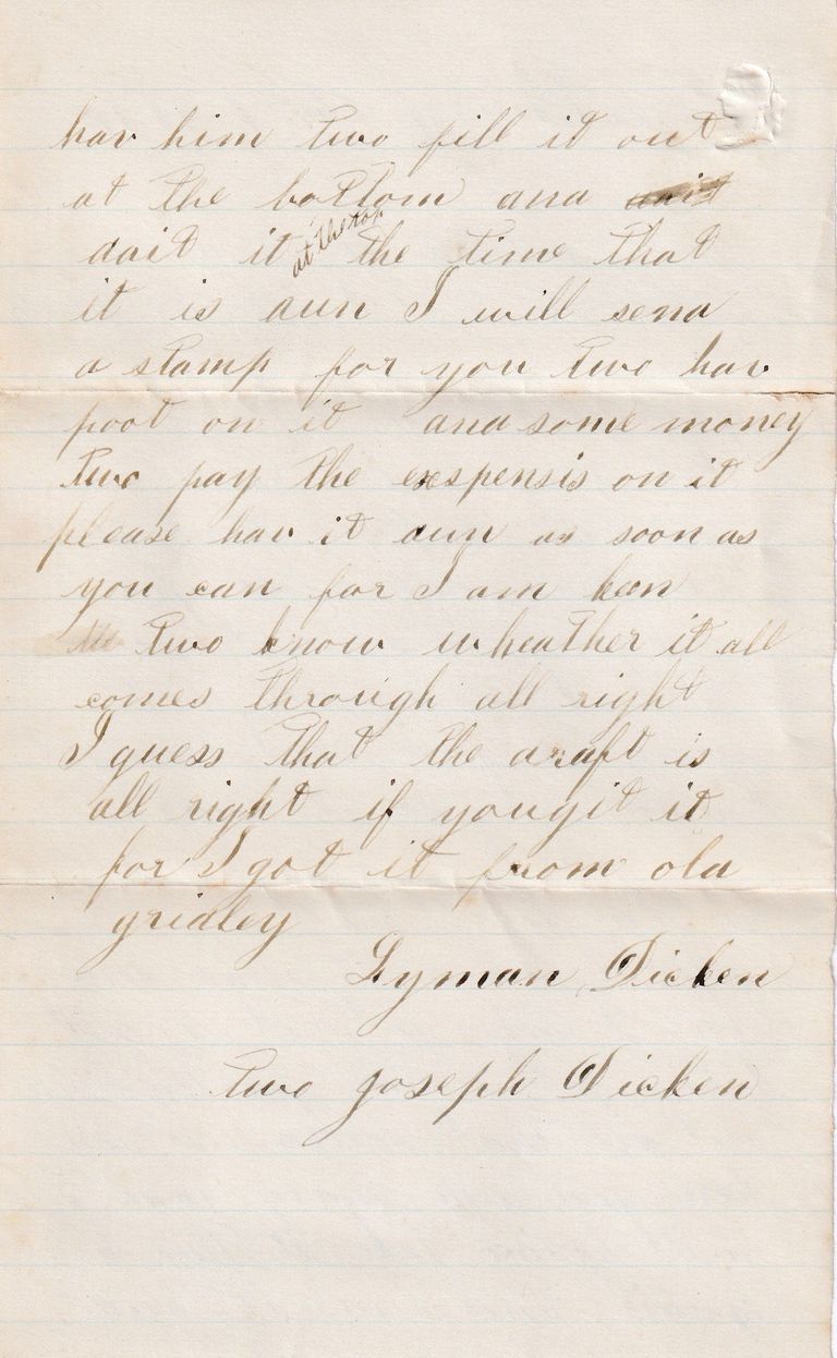 Letter from Joseph Decker to His Brother Regarding Money and a Draft - Image 2