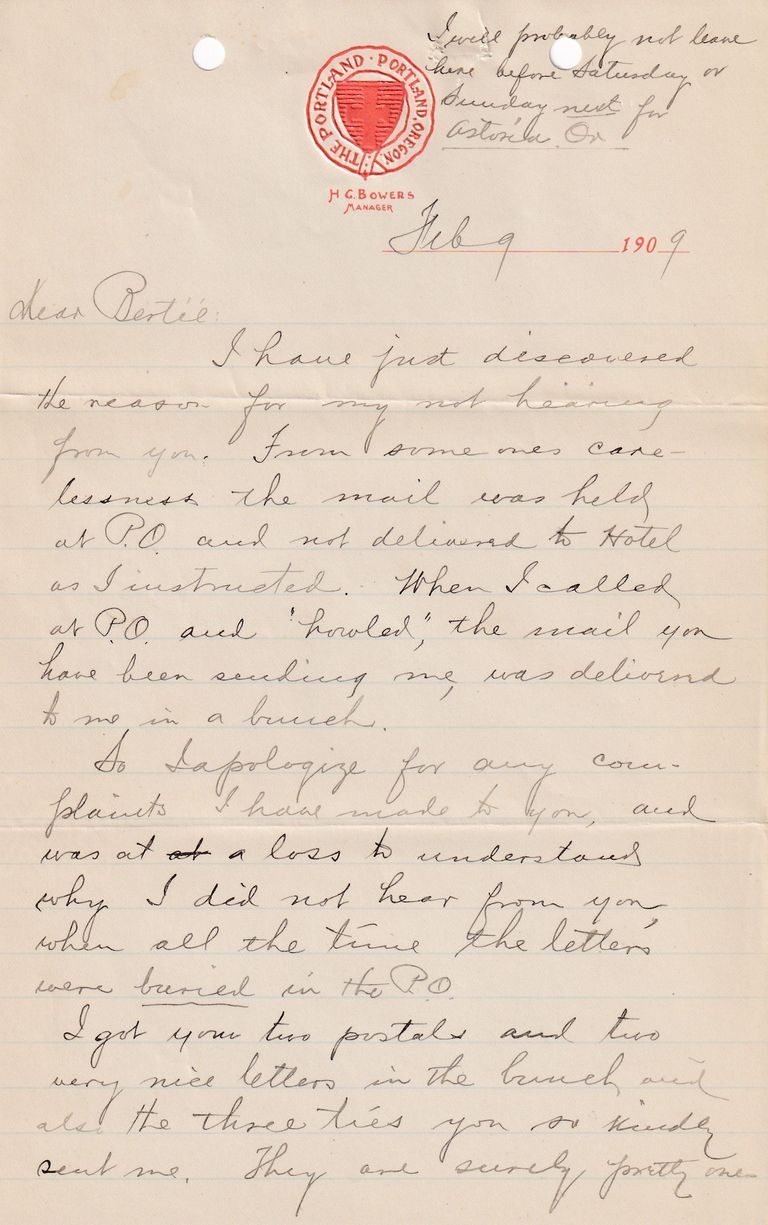 1909.2.9 Letter Explaining Postal Delay and Apologizing for Misunderstanding