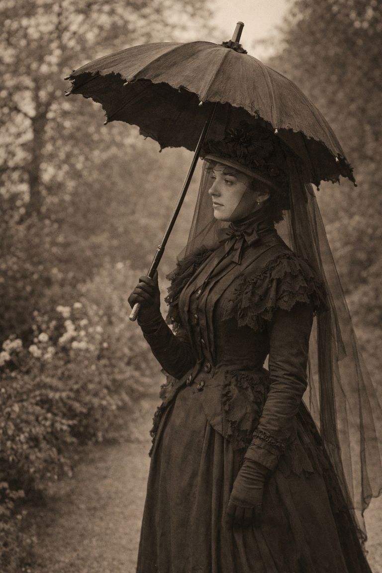 Victorian Mourning Parasol (Collapsible, Black Silk)