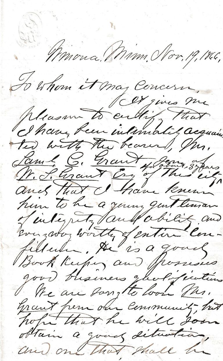 Letter of Recommendation for Samuel E. Grant – Winona, Minnesota