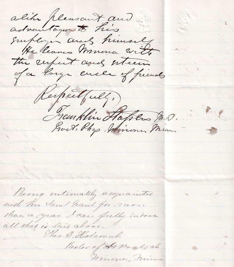 Letter of Recommendation for Samuel E. Grant – Winona, Minnesota - Image 2