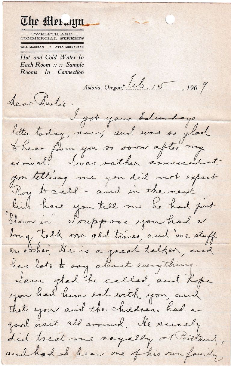 1909.2.15 Letter from The Melwyn Hotel, Astoria, Oregon – Business & Personal Correspondence