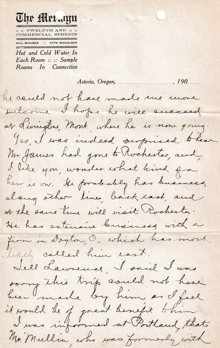 1909.2.15 Letter from The Melwyn Hotel, Astoria, Oregon – Business & Personal Correspondence - Image 2