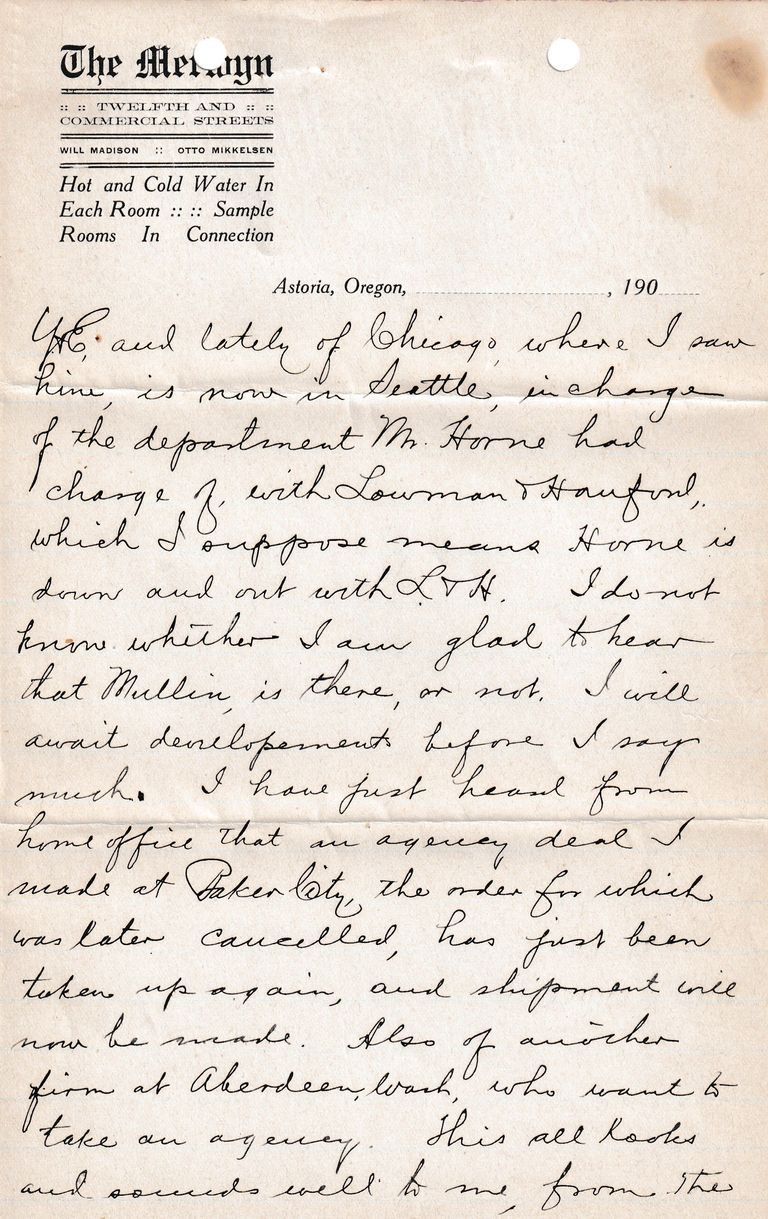 1909.2.15 Letter from The Melwyn Hotel, Astoria, Oregon – Business & Personal Correspondence - Image 3