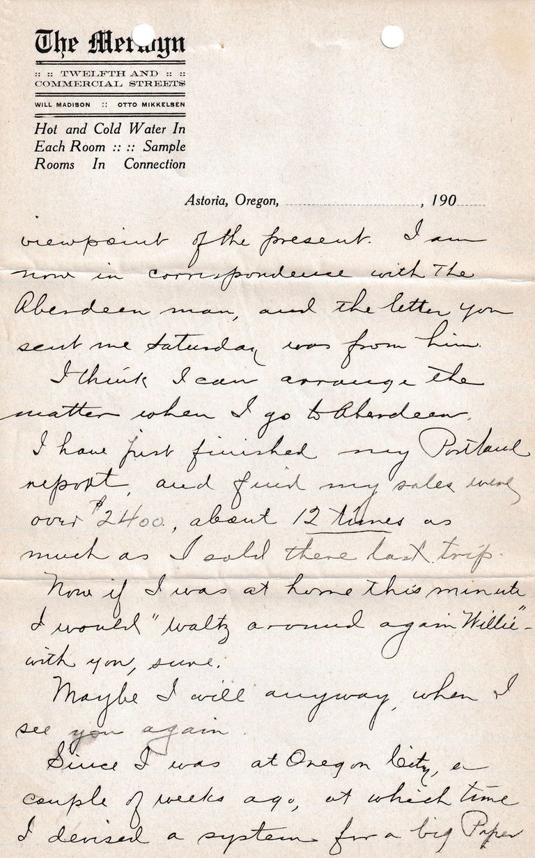 1909.2.15 Letter from The Melwyn Hotel, Astoria, Oregon – Business & Personal Correspondence - Image 4