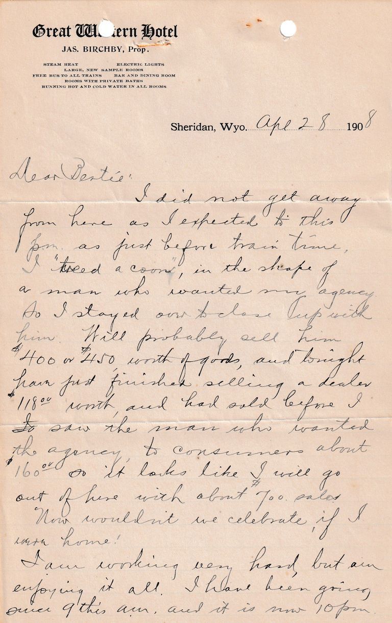 1908.4.28 - Great Western Hotel, Sheridan, Wyoming