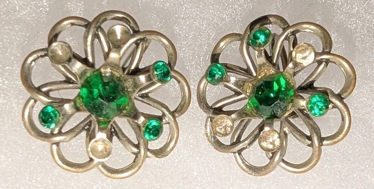 Mid-Century Openwork Floral Earrings with Green Rhinestones