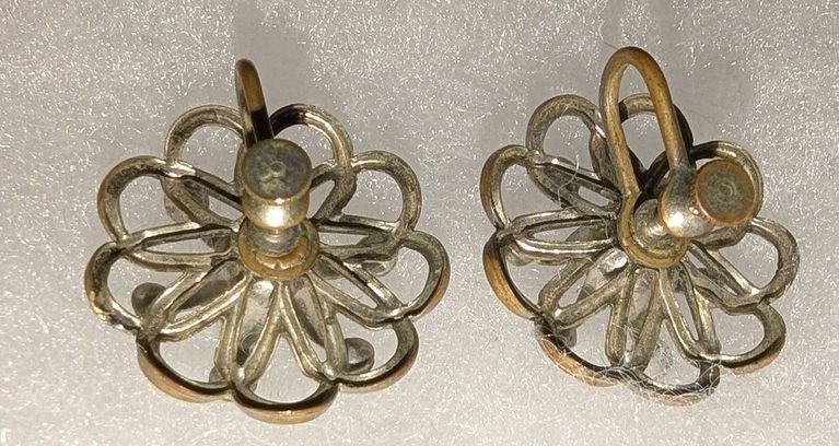Mid-Century Openwork Floral Earrings with Green Rhinestones - Image 2